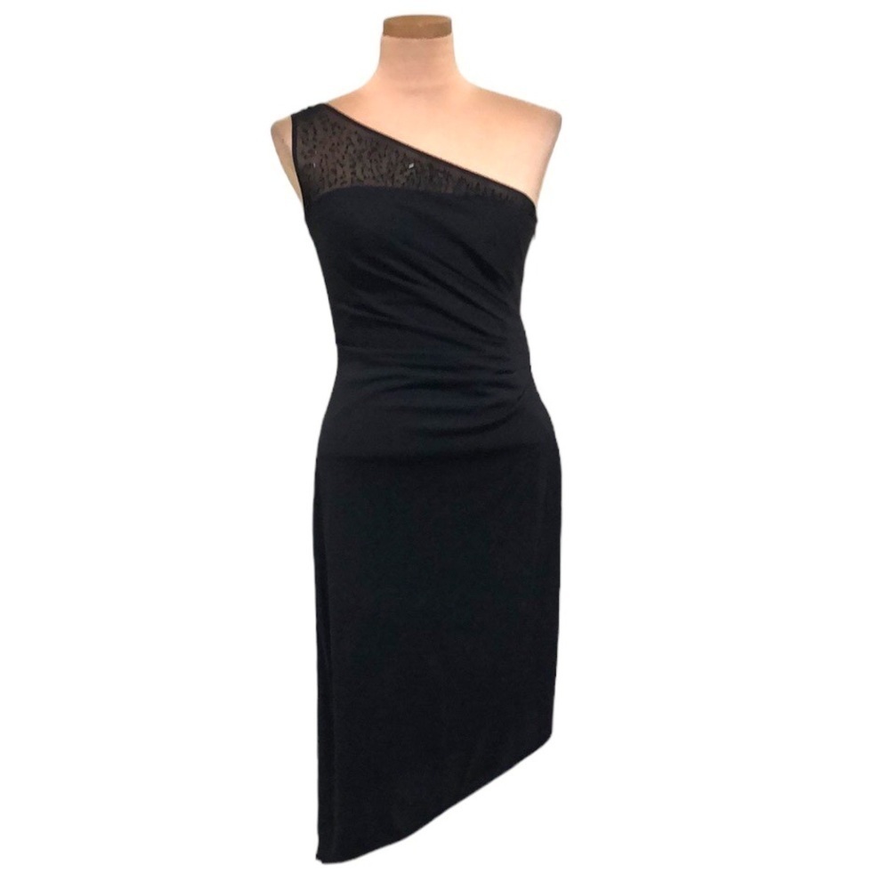 JS Collection Midi Dress Size 4 Black Beaded One Shoulder Asymmetrical Hem